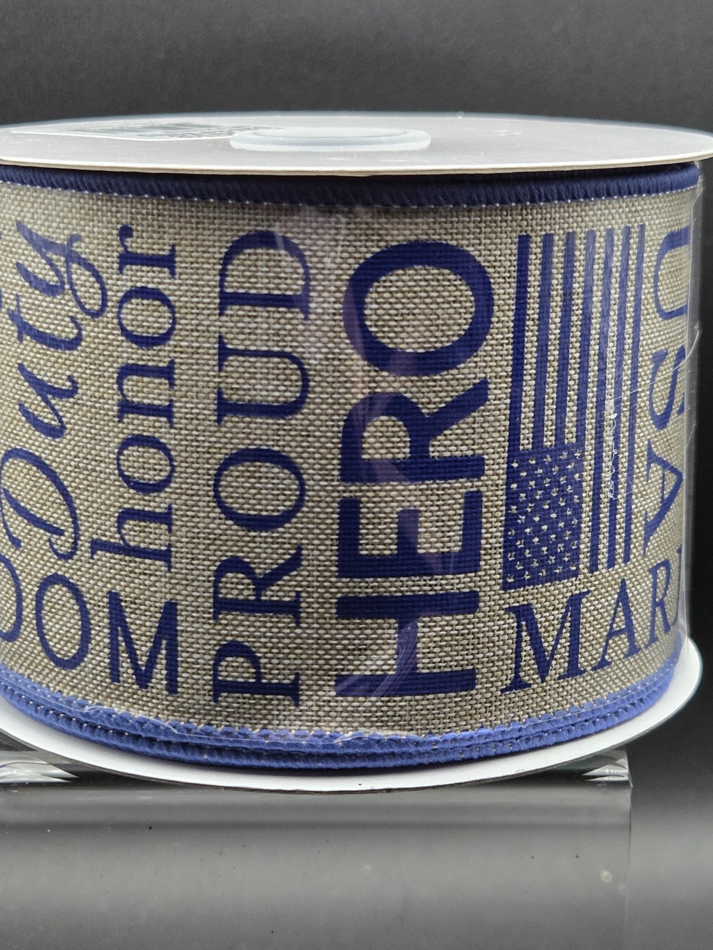 Patriotic Marines 'Hero' Wired Burlap Ribbon in Blue and Natural 10 Yards NWT